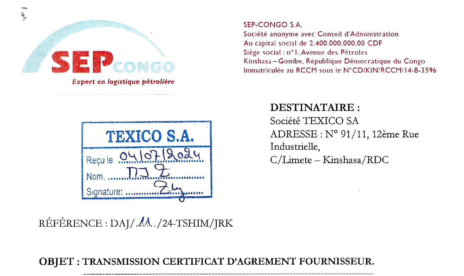 Certificat Agrément SEP